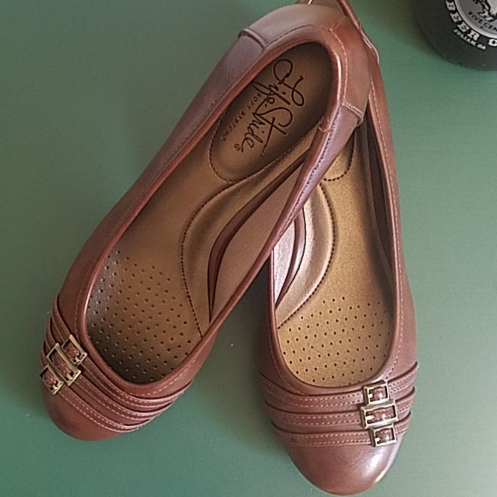 Brown heeled slip on